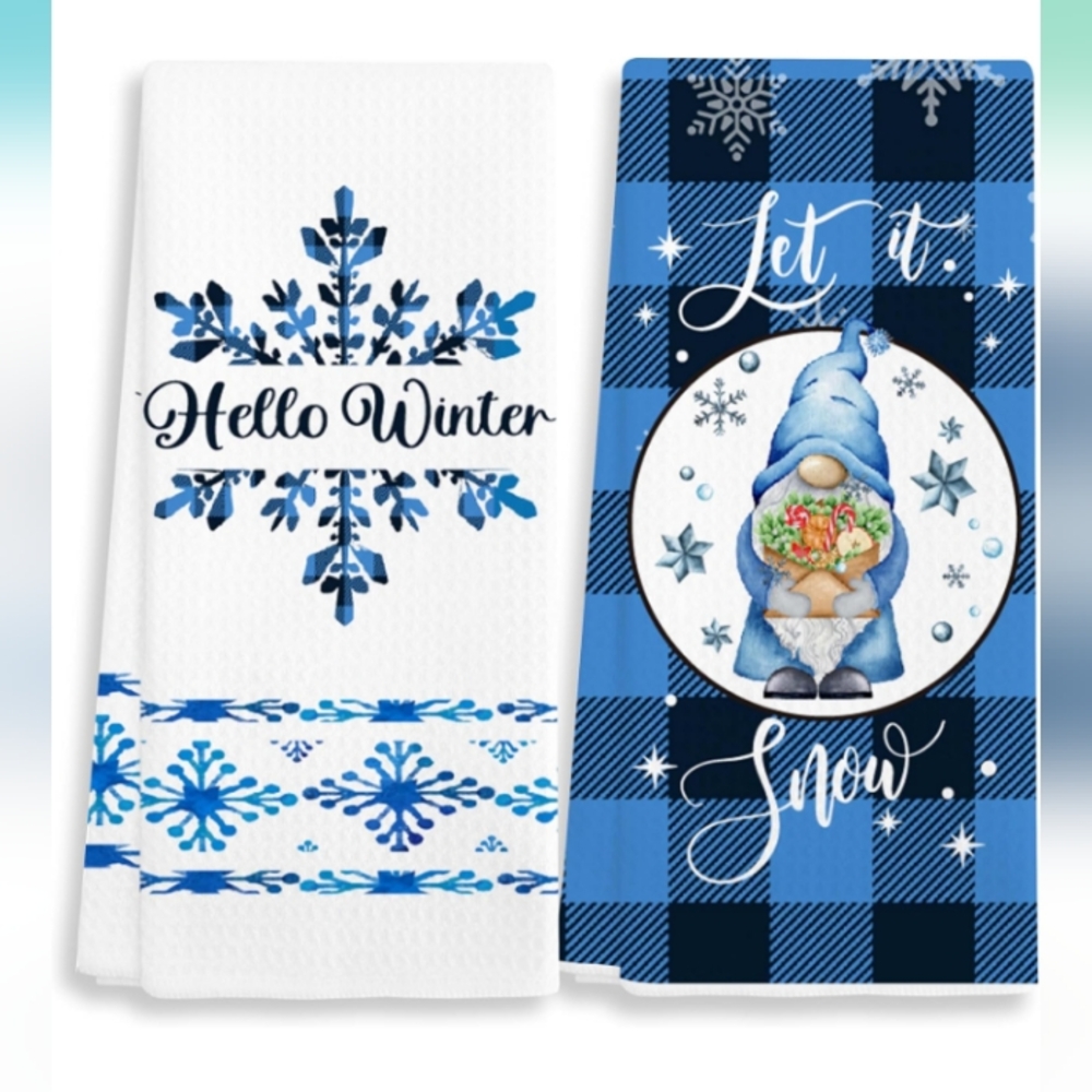 Winter Decorative Kitchen Towels Set of 2 ‘Hello Winter’‘Let It Snow’ 16x24 Inch